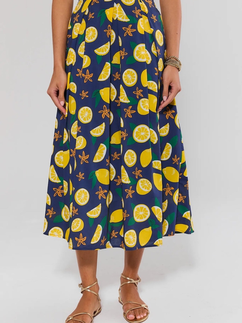 NWT Avara Navy Lemon-Print Midi Skirt